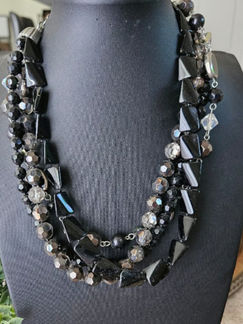 Multi-Strand Black Statement Necklace - Geometric Beads with Crystal Accents